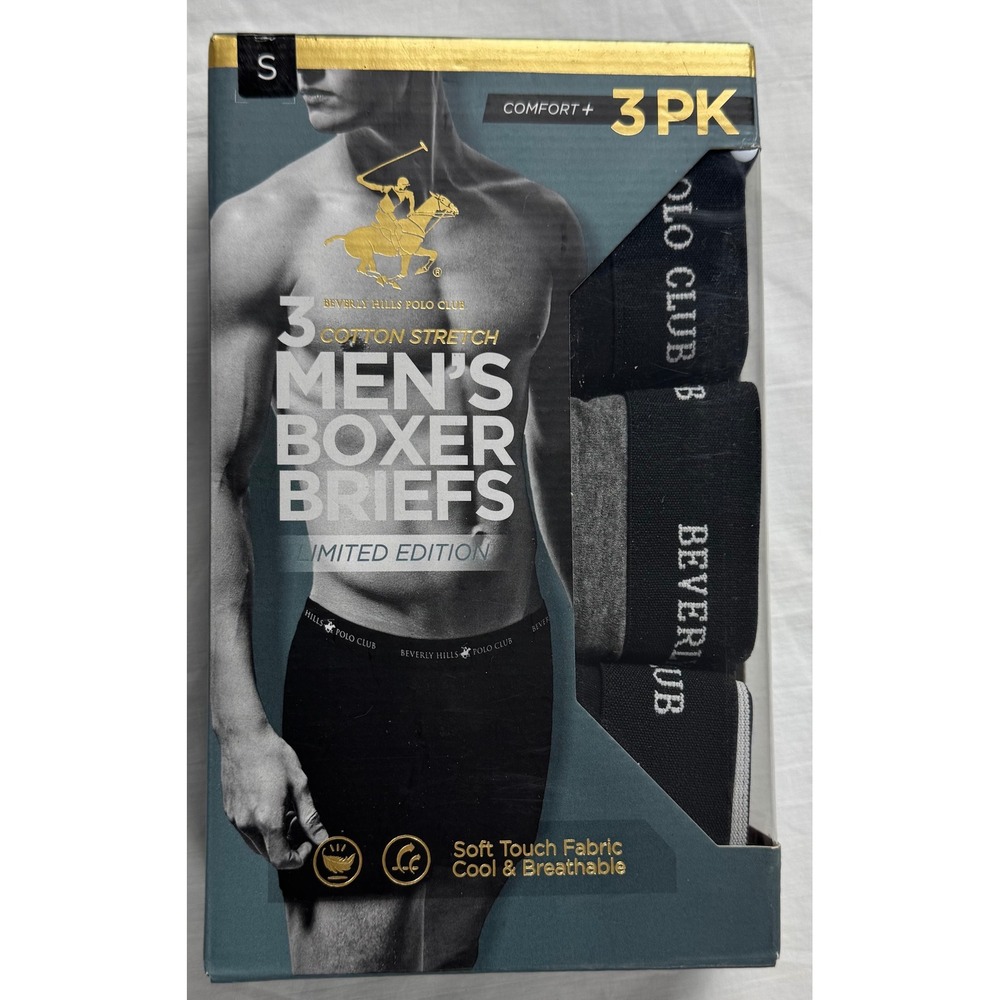 Beverly Hills Polo Club Mens Boxer Briefs 3 Pack Cotton Stretch Black Gray‎